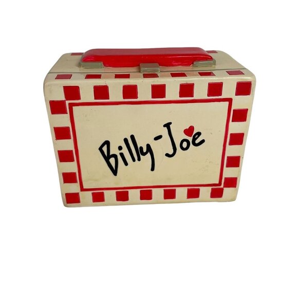 Billy-Joe Retro 80s CheckeredLunch Box Piggy Bank Red Handle Heart Accent - Picture 2 of 8